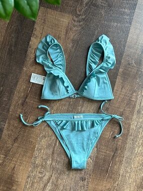 H&M famous ruffled bikini light teal blue swimwear Size 4 Size 6